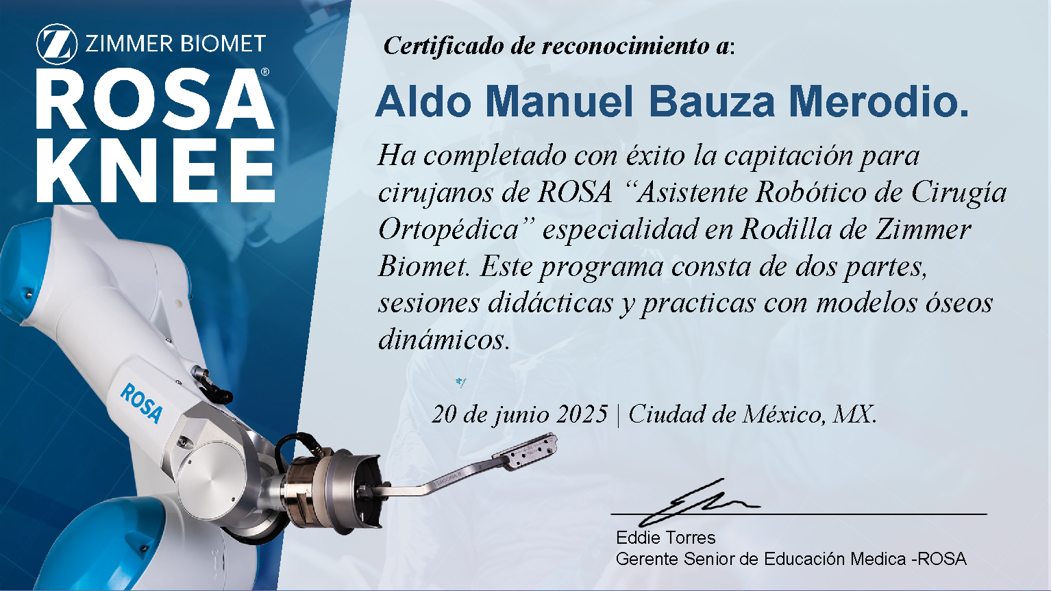 Asistente robótico de Cirugía Ortopédica, especialidad en Rodilla de Zimmer Biomet